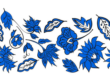 Floral seamless background pattern with fantasy flowers and leaves Line art. Embroidery flowers. Vector illustration.のイラスト素材