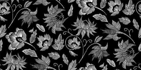 Floral seamless background pattern with fantasy flowers and leaves Line art. Embroidery flowers. Vector illustration.のイラスト素材