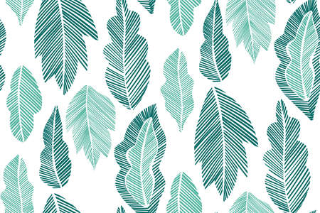 Seamless background pattern with  leaves hand drawn. Tropical plants silhouettes , vector illustration.のイラスト素材