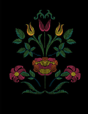Floral pattern with fantasy flowers and leaves isolated. Vector illustration in retro style hand drawn. Embroidery design elements.のイラスト素材