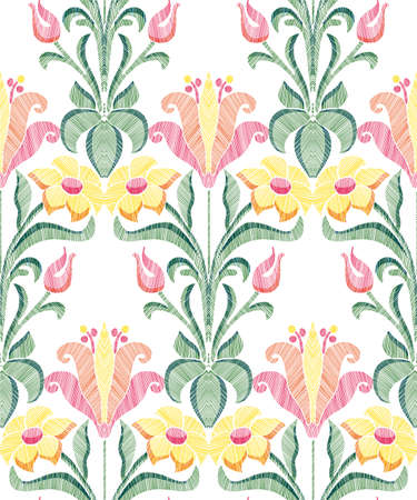Floral seamless background pattern with fantasy flowers and leaves hand drawn. Line art. Embroidery flowers. Vector illustration in retro style.のイラスト素材