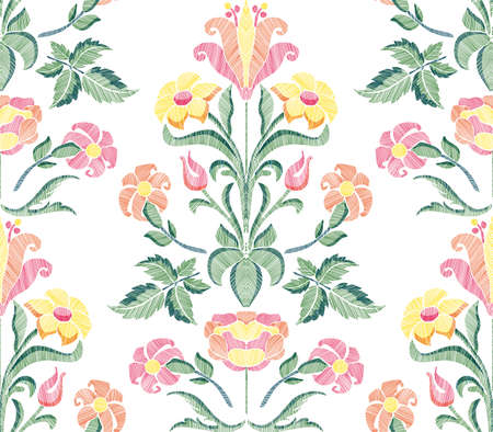 Floral seamless background pattern with fantasy flowers and leaves hand drawn. Line art. Embroidery flowers. Vector illustration in retro style.のイラスト素材
