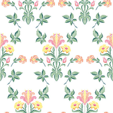 Floral seamless background pattern with fantasy flowers and leaves hand drawn. Line art. Embroidery flowers. Vector illustration in retro style.のイラスト素材