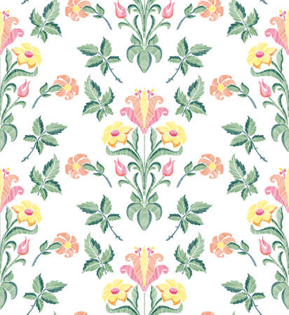 Floral seamless background pattern with fantasy flowers and leaves hand drawn. Line art. Embroidery flowers. Vector illustration in retro style.のイラスト素材