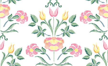 Floral seamless background pattern with fantasy flowers and leaves hand drawn. Line art. Embroidery flowers. Vector illustration in retro style.のイラスト素材