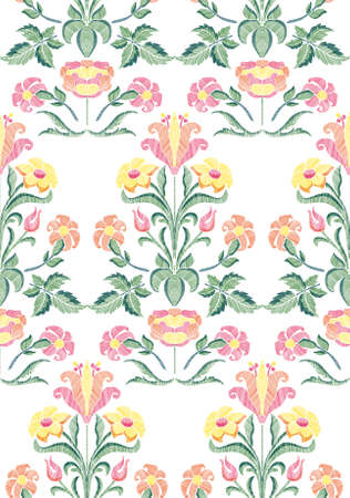Floral seamless background pattern with fantasy flowers and leaves hand drawn. Line art. Embroidery flowers. Vector illustration in retro style.のイラスト素材