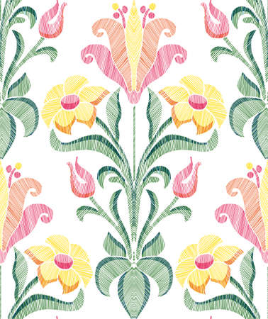 Floral seamless background pattern with fantasy flowers and leaves hand drawn. Line art. Embroidery flowers. Vector illustration in retro style.のイラスト素材