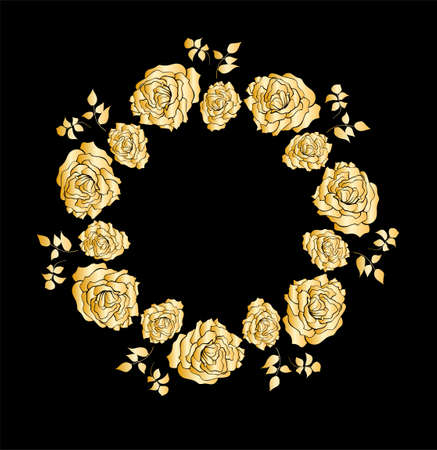 Wreath with golden roses flowers hand drawn isolated on black background. Round frame for invitation, wedding, birthday card. Vector illustration.のイラスト素材