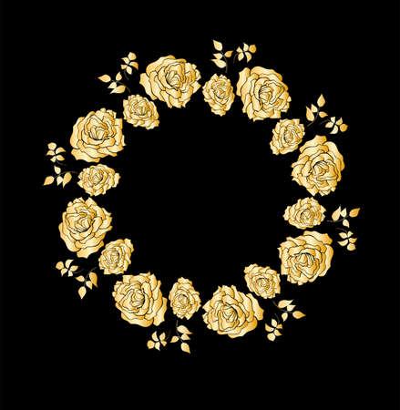Wreath with golden roses flowers hand drawn isolated on black background. Round frame for invitation, wedding, birthday card. Vector illustration.のイラスト素材