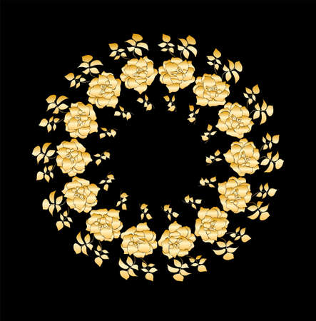 Wreath with golden roses flowers hand drawn isolated on black background. Round frame for invitation, wedding, birthday card. Vector illustration.のイラスト素材