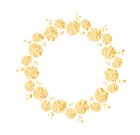 Wreath with golden roses flowers hand drawn isolated on white. Round frame for invitation ,wedding, birthday card, vector illustration.のイラスト素材