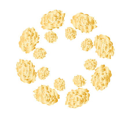 Wreath with golden roses flowers hand drawn isolated on white. Round frame for invitation ,wedding, birthday card, vector illustration.のイラスト素材