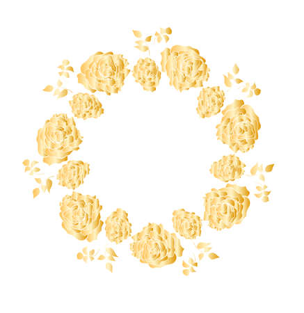 Wreath with golden roses flowers hand drawn isolated on white. Round frame for invitation ,wedding, birthday card, vector illustration.のイラスト素材