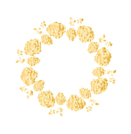 Wreath with golden roses flowers hand drawn isolated on white. Round frame for invitation ,wedding, birthday card, vector illustration.のイラスト素材