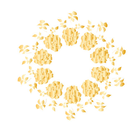 Wreath with golden roses flowers hand drawn isolated on white. Round frame for invitation ,wedding, birthday card, vector illustration.のイラスト素材