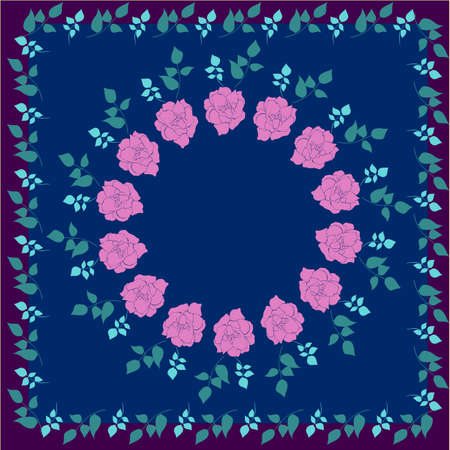 Floral design illustration with roses flowers and leaves hand drawn. Vector bandanna pattern, fabric print, silk neck scarf, hijab design.のイラスト素材