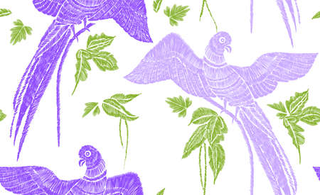 Parrots with tropical leaves seamless background pattern. Vector illustration hand drawn. Embroidery design.のイラスト素材