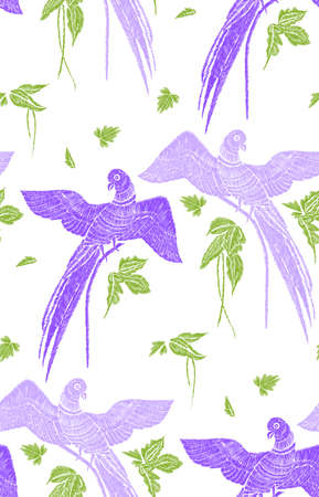 Parrots with tropical leaves seamless background pattern. Vector illustration hand drawn. Embroidery design.のイラスト素材