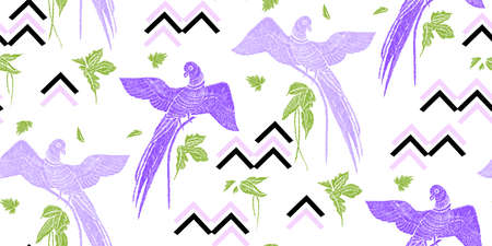 Parrots with tropical leaves seamless background pattern. Embroidery design vector illustration hand drawn.のイラスト素材