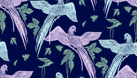 Parrots with tropical leaves seamless background pattern vector illustration hand drawn embroidery design.のイラスト素材