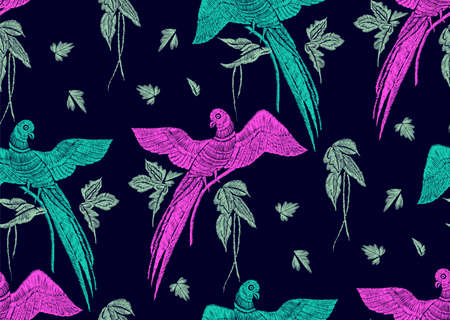 Parrots with tropical leaves seamless background pattern. Vector illustration hand drawn. Embroidery design.のイラスト素材