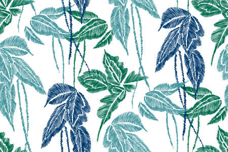 Tropical leaves seamless background pattern, hand drawn, Embroidery design.のイラスト素材