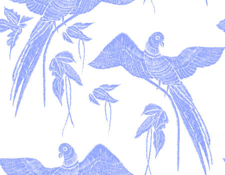 Parrots with tropical leaves seamless background pattern, silhouette illustration.のイラスト素材