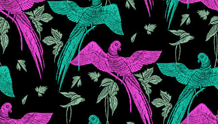 Parrots with tropical leaves seamless background pattern. Vector illustration hand drawn. Embroidery design.のイラスト素材