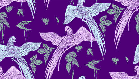Parrots with tropical leaves seamless background pattern. Vector illustration hand drawn. Embroidery design.のイラスト素材