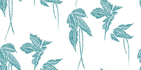 Tropical leaves seamless background pattern, hand drawn, Embroidery design.のイラスト素材