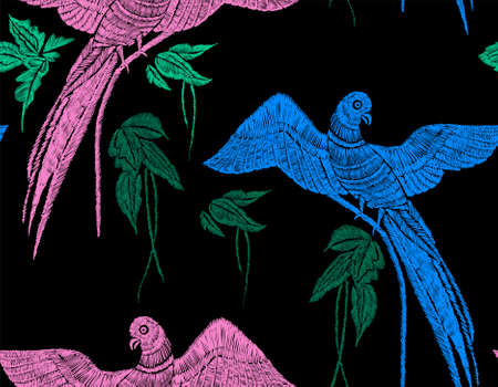 Parrots with tropical leaves seamless background pattern vector illustration hand drawn embroidery design.のイラスト素材