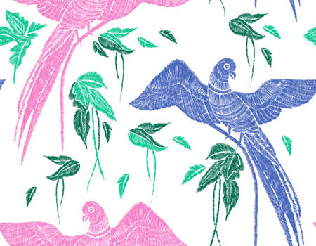 Parrots with tropical leaves seamless background pattern. Vector illustration hand drawn. Embroidery design.のイラスト素材