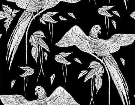Parrots with tropical leaves seamless background pattern. Vector illustration hand drawn. Embroidery design.のイラスト素材