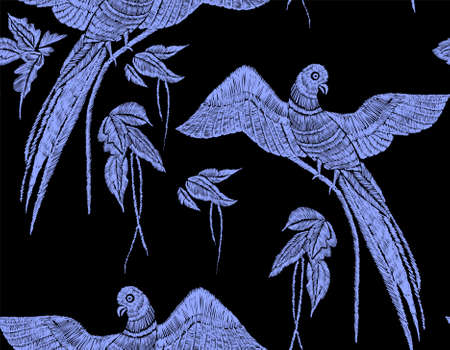 Parrots with tropical leaves seamless background pattern. Vector illustration hand drawn.のイラスト素材
