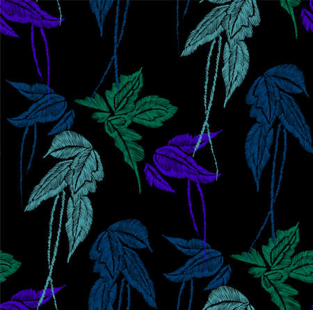 Tropical leaves seamless background pattern vector illustration hand drawn embroidery design.のイラスト素材