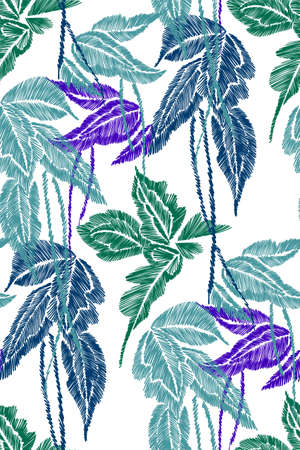 Tropical leaves seamless background pattern Vector illustration hand drawn.のイラスト素材