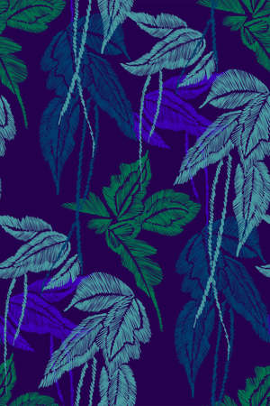 Tropical leaves seamless background pattern vector illustration hand drawn embroidery design.のイラスト素材