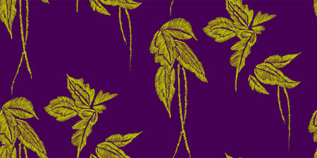 Tropical leaves seamless background pattern vector illustration hand drawn embroidery design.のイラスト素材