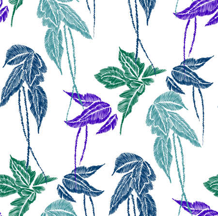 Tropical leaves seamless background pattern. Embroidery design illustrationのイラスト素材