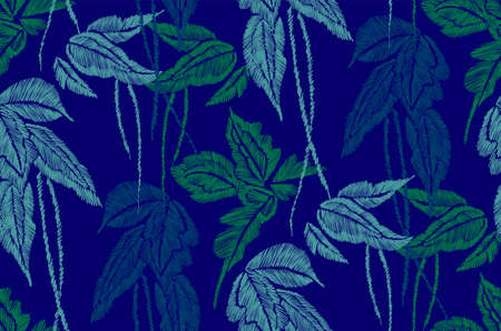 Tropical leaves seamless background pattern. Vector illustration hand drawn. Embroidery design.のイラスト素材