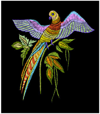 Embroidery pattern with parrot and tropical leaves hand drawn illustration for T-shirt print design.のイラスト素材
