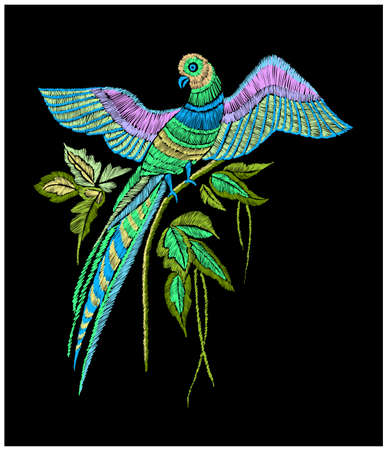 Embroidery pattern with parrot and tropical leaves.のイラスト素材