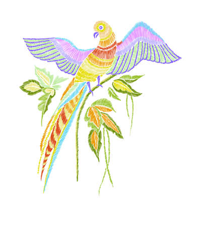 Embroidery pattern with parrot and tropical leaves.のイラスト素材