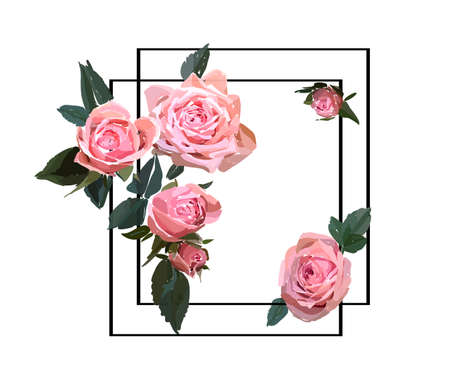 Floral design illustration. Garden flower pink rose isolated on white background. Elegant bouquet print in rustic style. Wedding invitation card template.のイラスト素材