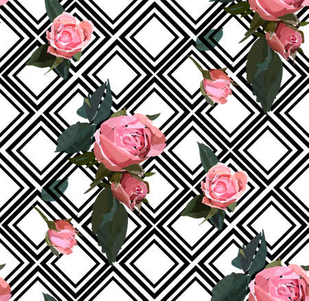 Floral seamless background pattern with gride. Watercolor pink garden roses in hand drawn style. Elegant flowers, vector illustration for textile, wrapping paper, wedding card.のイラスト素材