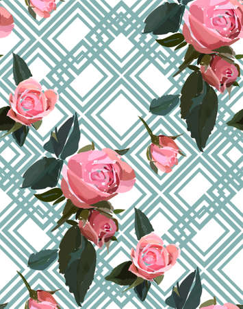 Floral seamless background pattern with gride. Watercolor pink garden roses in hand drawn style. Elegant flowers, vector illustration for textile, wrapping paper, wedding card.のイラスト素材