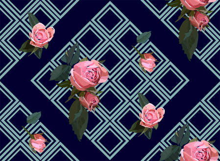 Floral seamless background pattern with gride. Watercolor pink garden roses in hand drawn style. Elegant flowers, vector illustration for textile, wrapping paper, wedding card.のイラスト素材