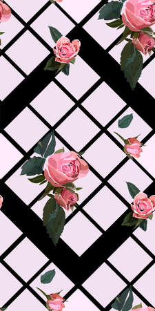 Floral seamless background pattern with gride. Watercolor pink garden roses in hand drawn style. Elegant flowers, vector illustration for textile, wrapping paper, wedding card.のイラスト素材