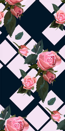 Floral seamless background pattern with gride. Watercolor pink garden roses in hand drawn style. Elegant flowers, vector illustration for textile, wrapping paper, wedding card.のイラスト素材