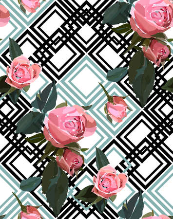 Floral seamless background pattern with gride. Watercolor pink garden roses in hand drawn style. Elegant flowers, vector illustration for textile, wrapping paper, wedding card.のイラスト素材